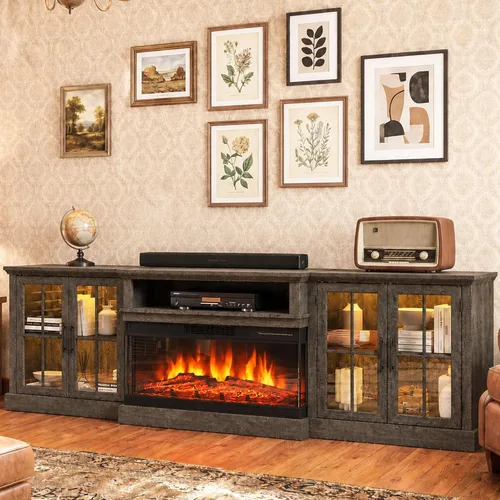 Vista 20 de Mueble de TV de estilo granja de 98" con chimenea de 36" para televisores de hasta 100", centro de entretenimiento multimedia con estantes 2-Blanco