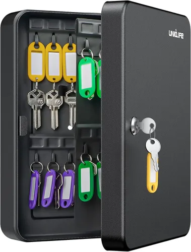 Vista 10 de Uniclife Gabinete de llaves de 20 posiciones con cerradura de llave montada en la pared, caja de almacenamiento de seguridad negra, organizador