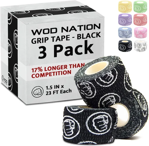 Vista 12 de WOD Nation Flexible Hook-Grip Athletic Tape – Easy-Tear, Sweat-Proof Thumb & Finger Strips for Weightlifting Negro