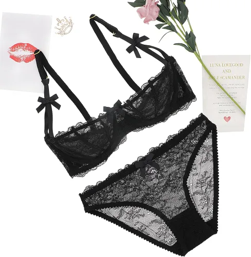 Vista 5 de Lumiere - Conjunto de sujetador y bragas de encaje sin forro para mujer