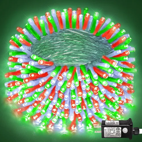 Vista 23 de 120 luces LED rojas y blancas de Navidad para exteriores, cadena de luces de Navidad de 40 pies, 8 modos, luces de hadas rojas y blancas