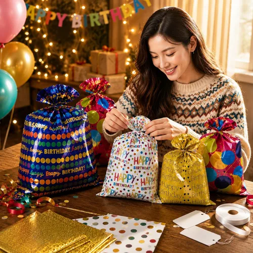 Vista 7 de WesGen 16 bolsas de regalo de cumpleaños, 2 tamaños, 4 diseños, cinta