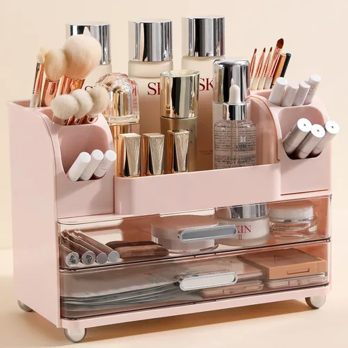 Vista 6 de Organizador de maquillaje Anyoifax para encimera con cajones grandes, organizador de tocador con soporte para brochas, almacenamiento