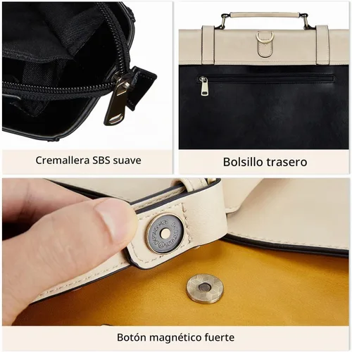 Vista 5 de ECOSUSI Bolsa de mensajero de cuero vegano para mujer, maletín de moda, bolso de mano para computadora Negro