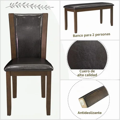 Vista 3 de Juego de mesa de comedor para 6, juego de mesa de comedor de 6 piezas estilo granja con mesa rectangular, 4 sillas tapizadas con respaldo y banco