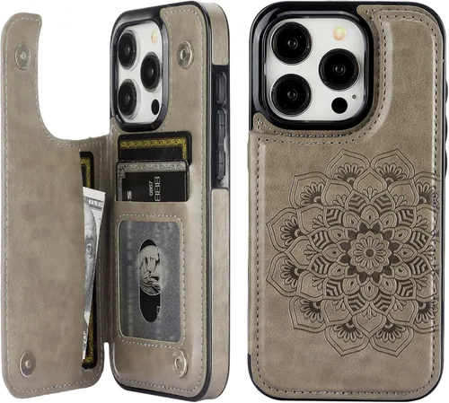 Vista 8 de Vaburs Funda compatible con iPhone 15 Pro con tarjetero y diseño de mandala en relieve, de piel sintética, doble botones, a prueba de golpes