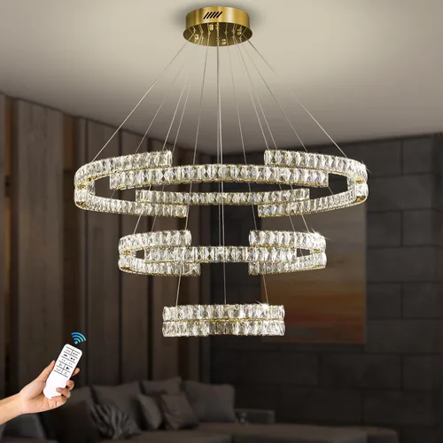 Vista 5 de D40''+D27.5''+D15.7'' Moderna lámpara de araña de oro de 3 anillos de cristal para sala de estar, luz colgante de cristal, entrada de vestíbulo Oro