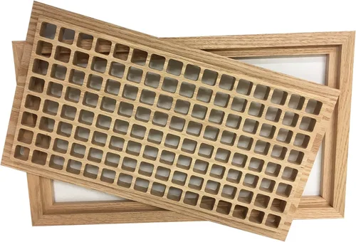 Vista 2 de Rejilla de ventilación de madera de roble blanco de 8 x 16 pulgadas, montaje empotrado con marco, estilo Eggcrate, sin terminar