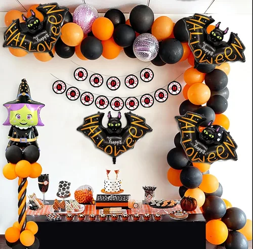 Vista 4 de 5 globos inflables de murciélagos de Halloween con diseño de murciélagos negros, decoraciones inflables de Halloween, día de la muerte, globos