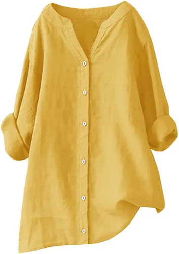 Vista 5 de Camisas de algodón y lino con botones para mujer, cuello en V, manga larga, blusas elegantes y casuales