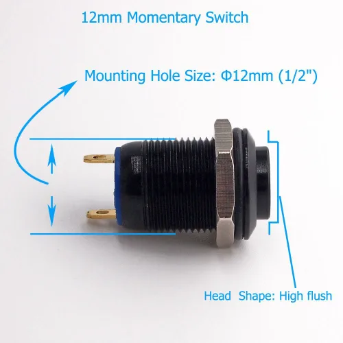 Vista 4 de Interruptor de botón momentáneo, URTONE UR125, 1NO SPST DC/AC 36V 2A, carcasa de metal de aleación de aluminio adecuada para orificio de montaje