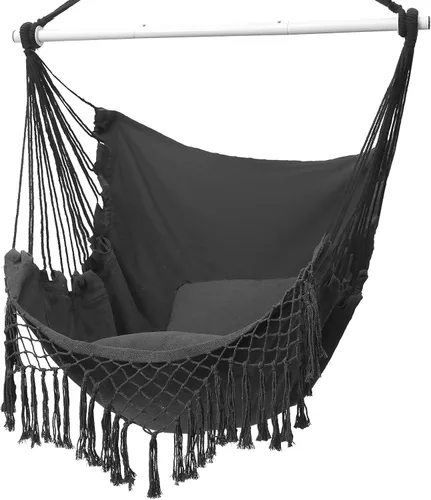 Vista 10 de Silla Hamaca, Asiento de Columpio Colgante de Cuerda con 2 Cojines, Silla Colgante de Macramé con Bolsillo Lateral con Varilla de Metal de Alta