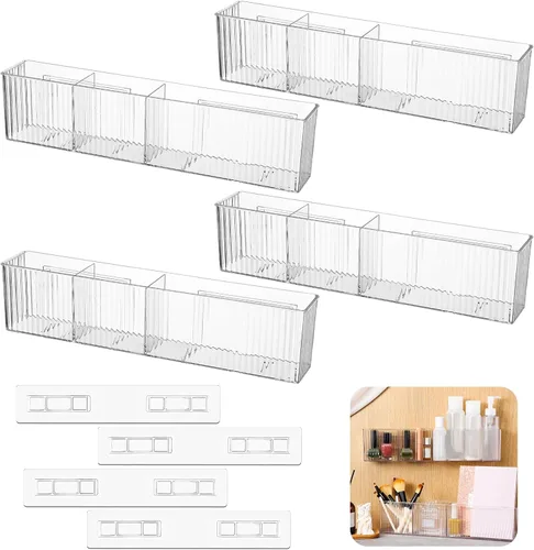 Vista 7 de Briwooody Paquete de 4 organizadores de maquillaje para pared de baño, organizador de almacenamiento de plástico transparente sin perforaciones
