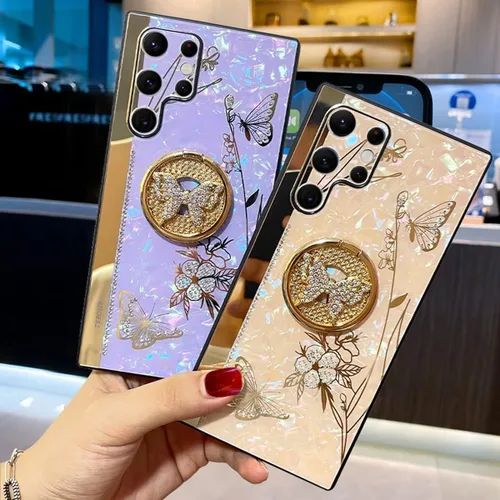Vista 6 de Changjia Funda con función atril para Samsung Galaxy A15 5G, bonita funda con purpurina 3D con diamantes de imitación de mariposa con diamantes