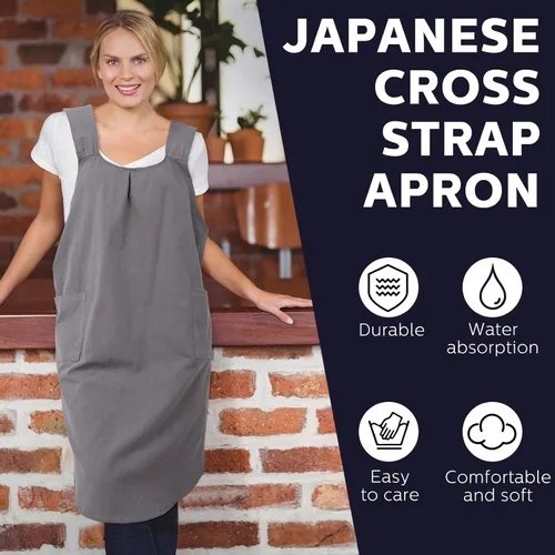 Vista 5 de JaGely Paquete de 2 delantales de cocina de lino japonés con espalda cruzada para mujeres y hombres con 2 bolsillos, lindo vestido de jardinería