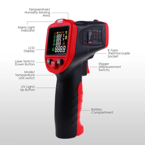 Vista 9 de Termómetro infrarrojo IR láser pistola de temperatura 58 ° ~ 1562 °F con termopar tipo K y abrazadera de plomo, termómetro digital con abrazadera