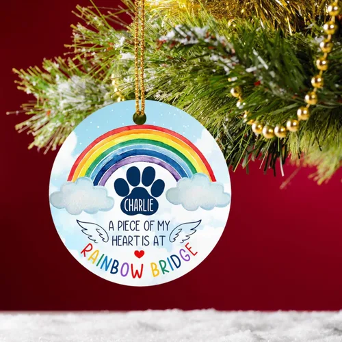 Vista 3 de Adorno de Navidad conmemorativo personalizado para mascotas, perros y gatos, A Piece of My Heart is at Rainbow Bridge, adorno de Navidad con nombre