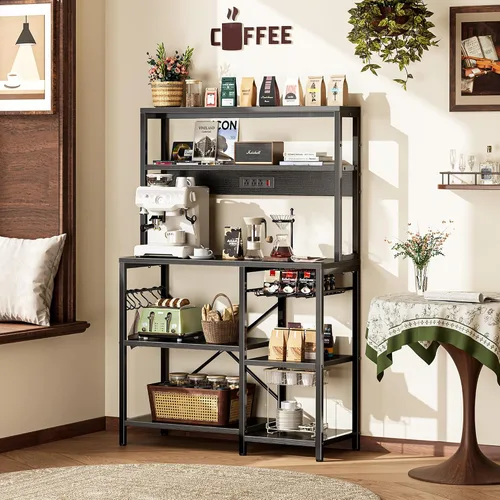 Vista 9 de SUPERJARE Estante de panadería con toma de corriente, barra de café de 35.4 pulgadas con canasta de alambre, soporte para microondas de cocina con 6