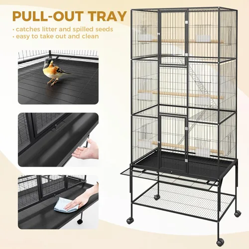 Vista 3 de GAOMON Jaula grande para pájaros – Jaula de metal para loros de 69 pulgadas con soportes de almacenamiento rodantes, pajarero ancho con bandeja