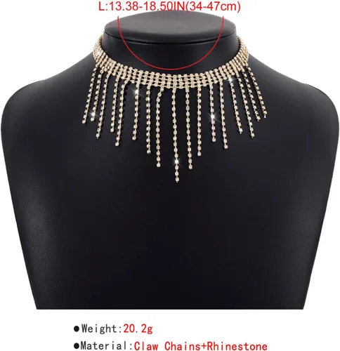 Vista 5 de Dcfywl731 Gargantilla con borlas de diamantes de imitación, collares de cristal multicapa, cadena de tenis brillante, collar con flecos para mujer