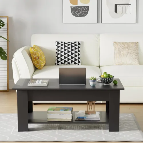 Vista 7 de BLKMTY Mesa auxiliar con mesa elevadora, mesa auxiliar multifuncional con compartimento oculto y estante de almacenamiento, mesa de centro de madera
