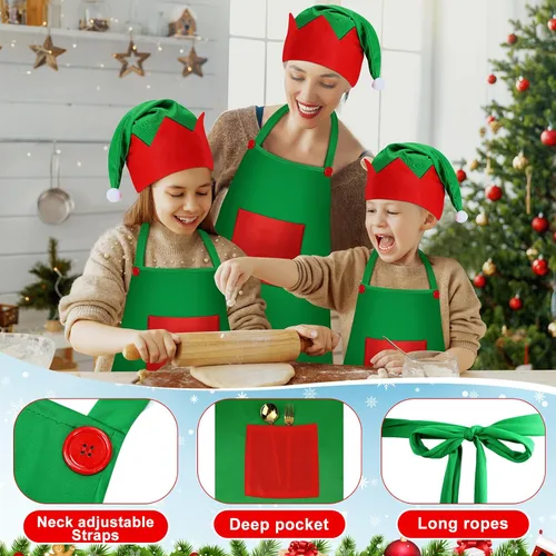 Vista 4 de Handepo - Conjunto de delantal y gorro de elfo navideño para niños, sombreros de Papá Noel para niños, suministros de fiesta navideña para niños