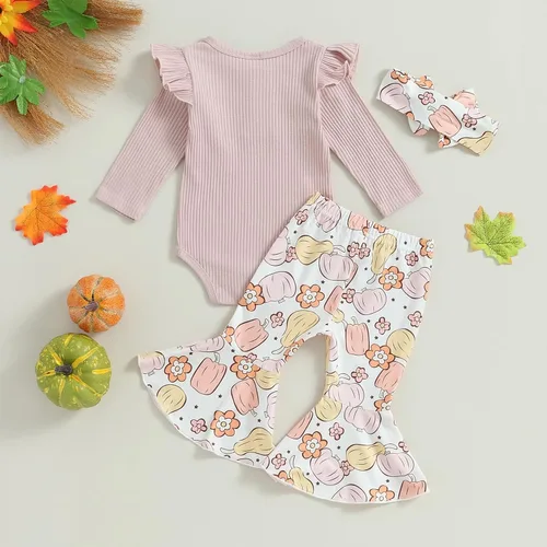 Vista 7 de Ropa de Halloween para bebé recién nacida, manga larga, mameluco, pantalones de campana, diadema, trajes de otoño para bebé