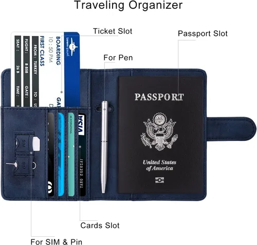 Vista 4 de WALNEW Funda para pasaporte funda para pasaporte tarjeta cartera E-azul marino Estilo E