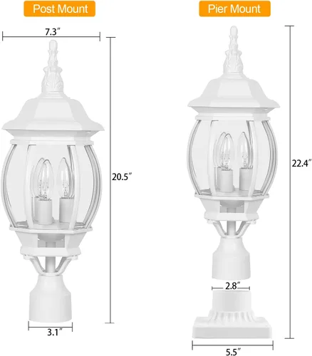 Vista 7 de Krychilier - Poste de lámpara para exteriores, montaje en muelle de 3 luces, montaje de poste tradicional con acabado blanco, farol blanco exterior