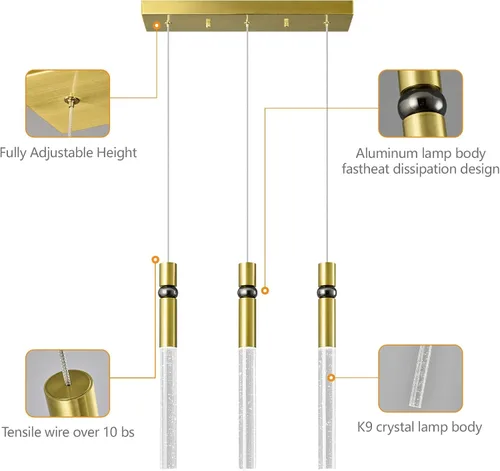 Vista 5 de Iluminación colgante de 3 luces para comedor, lámpara LED regulable moderna de oro con luces colgantes de cristal de burbujas, isla de cocina