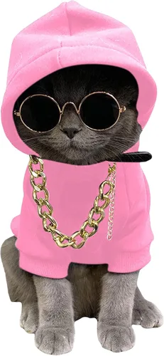 Vista 9 de QWINEE Set de 3 piezas de sudadera con capucha para perro y gato, disfraz para mascotas con collar y gafas de sol, ropa para cachorros, perros