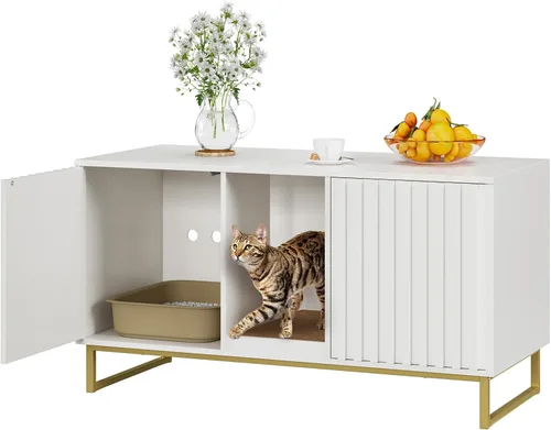 Vista 12 de Caja de arena para gatos para 2 gatos, caja de arena de 47.6 pulgadas, muebles ocultos con almohadilla para rascar, armario grande para habitación