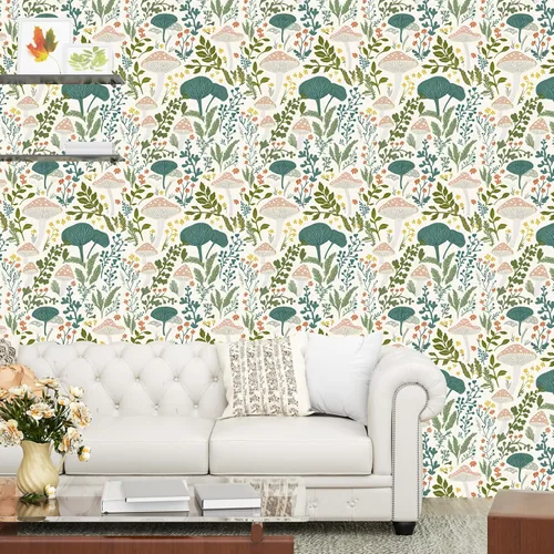 Vista 4 de Papel tapiz floral de hongos rosados para despegar y pegar, papel de contacto bohemio con hojas verdes claras, acuarela, colorido mural de pared