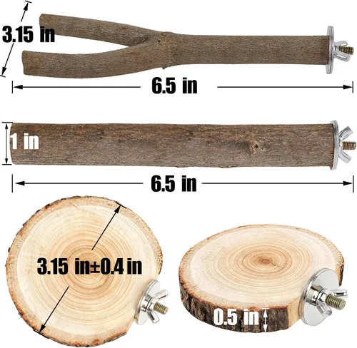 Vista 2 de Juego de 6 perchas para pájaros, perchas rectas y bifurcadas de madera de abedul natural con plataformas para periquitos, cacatúas, conures