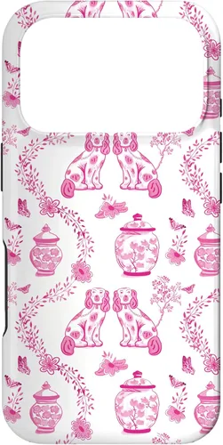 Vista 30 de Preppy - Carcasa para iPhone 16, diseño de perros y tarros de jengibre, color rosa y blanco