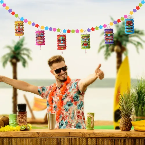 Vista 7 de 2 piezas de decoraciones hawaianas para fiestas de Luau de 10 pies, tiki y flores, pancartas Tiki tropicales para fiestas, decoración tropical Luau