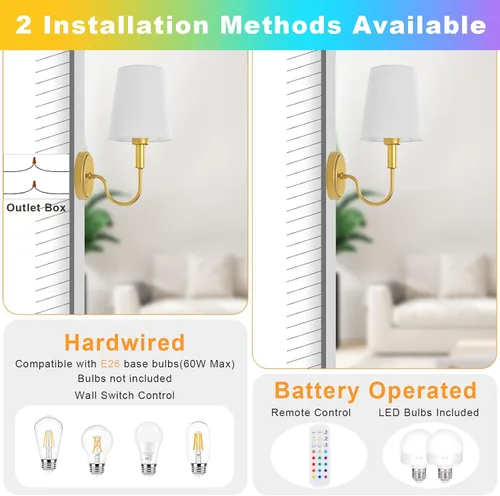 Vista 4 de Aplique de pared inalámbrico recargable, funciona con pilas, con control remoto, lámparas de pared con bombillas LED RGB regulables, sin cableado