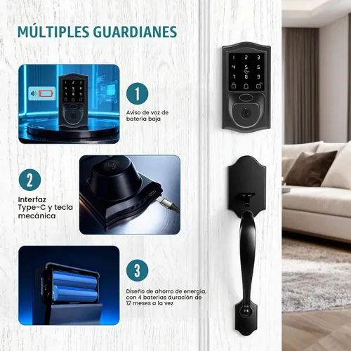 Vista 5 de Juego de cerraduras inteligentes para puerta delantera con huellas dactilares con asa, control remoto con aplicación WiFi integrada y guía de voz