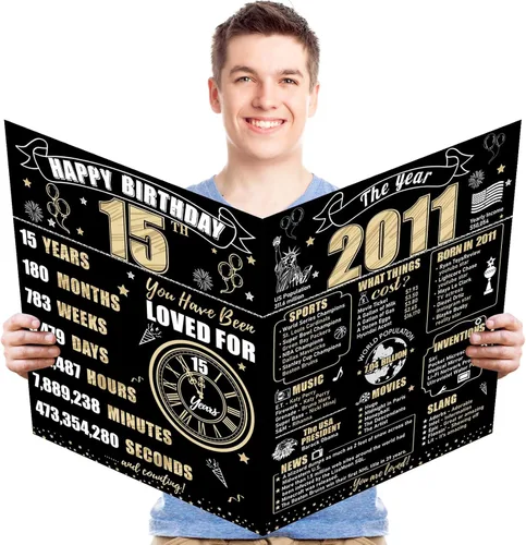 Vista 14 de Turypaty Tarjeta de 10 cumpleaños grande con sobre para niños y niñas, libro de firmas de invitados gigante de feliz 10 cumpleaños en negro y oro