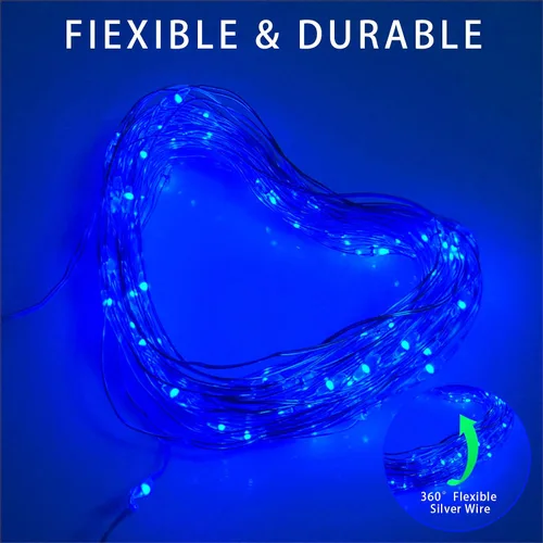 Vista 5 de Tira de luces solares azules de Navidad al aire libre impermeables, 2 paquetes, total 200 LED, 20.1 m, 8 modos, luces de hadas de cobre