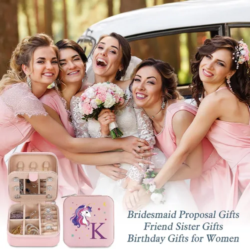 Vista 6 de Parima Organizador de joyas de viaje de unicornio - Pequeño joyero rosa con inicial para niñas y mujeres Regalo de cumpleaños personalizado Idea