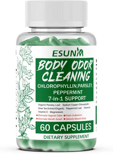 Vista 2 de ESUNM Suplemento desodorizante corporal, cápsulas de clorofila de 650 mg, desodorante interno de ultra alta absorción para hombres y mujeres, apoyo