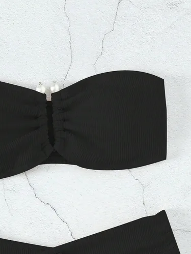 Vista 4 de WDIRARA Conjunto de bikini de 2 piezas para mujer, conjunto de traje de baño de cintura alta sin tirantes con nudo frontal