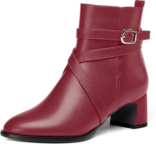 Vista 8 de WAYDERNS Botas altas de tobillo con hebilla casual para mujer, con correa de tobillo sólida mate, tacón bajo y grueso, 2 pulgadas