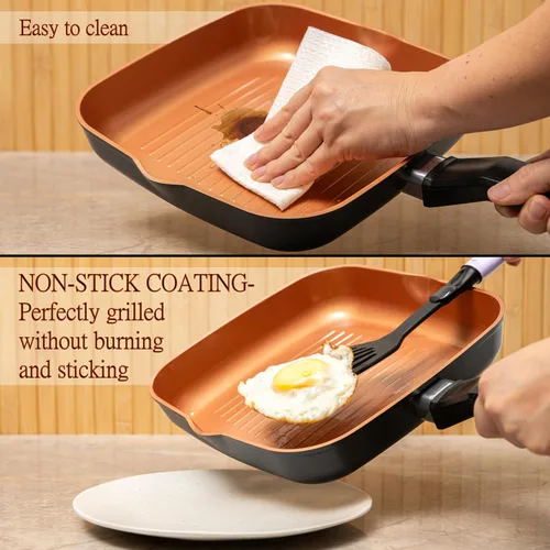 Vista 3 de Moss & Stone Sartén Cuadrada para Parrilla para Cocinar en Interiores, Sartén de Freír de 9.5 Pulgadas de Cobre Antiadherente para Saltear y Freír
