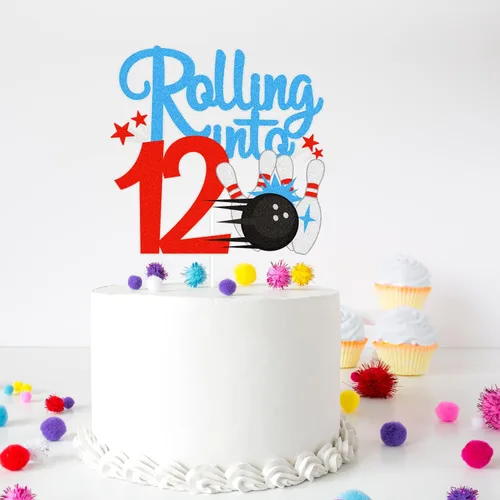 Vista 6 de Bowling Rolling Into 12 Happy 12th Birthaday - Decoración de pastel de bola de boliche de 12 cumpleaños con purpurina - Decoración de pastel