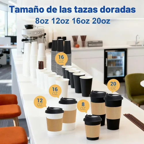 Vista 8 de Paquete de 50 Tazas de Café de 16 oz con Tapas y Fundas, Pajitas, Vasos de Papel Desechables Calientes Para Llevar de Viaje a Granel para Oficina