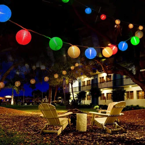 Vista 7 de Abeja Guirnalda de luces de nailon de 8.5 pies con patrón de impresión colorida con 10 linternas multicolor para luces decorativas de jardín