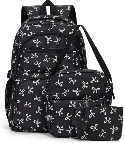 Vista 9 de Mochila con lazo para mujer, mochila kawaii de nailon coquette, juego de 3 piezas, linda mochila para computadora portátil universitaria, mochila