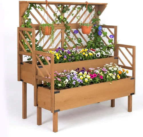 Vista 8 de Cama de jardín elevada para exteriores, jardineras de madera con patas forro protector y agujeros de drenaje, macizos de flores elevados para jardín